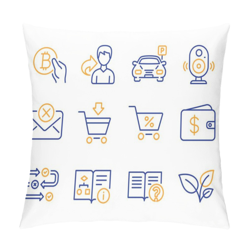 Personality  Bitcoin Pay, Parking And Share Icons Simple Set. Survey Progress, Special Offer And Dollar Wallet Signs. Help, Reject Mail And Online Market Symbols. Technical Algorithm, Speaker And Leaves. Vector Pillow Covers