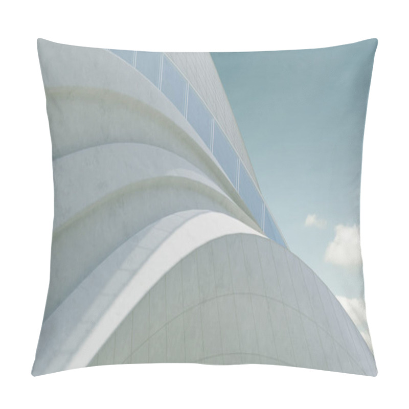 Personality  Abstract Architecture Exterior With Futuristic Streamlined Design. Daytime Scene. 3D Rendering Pillow Covers