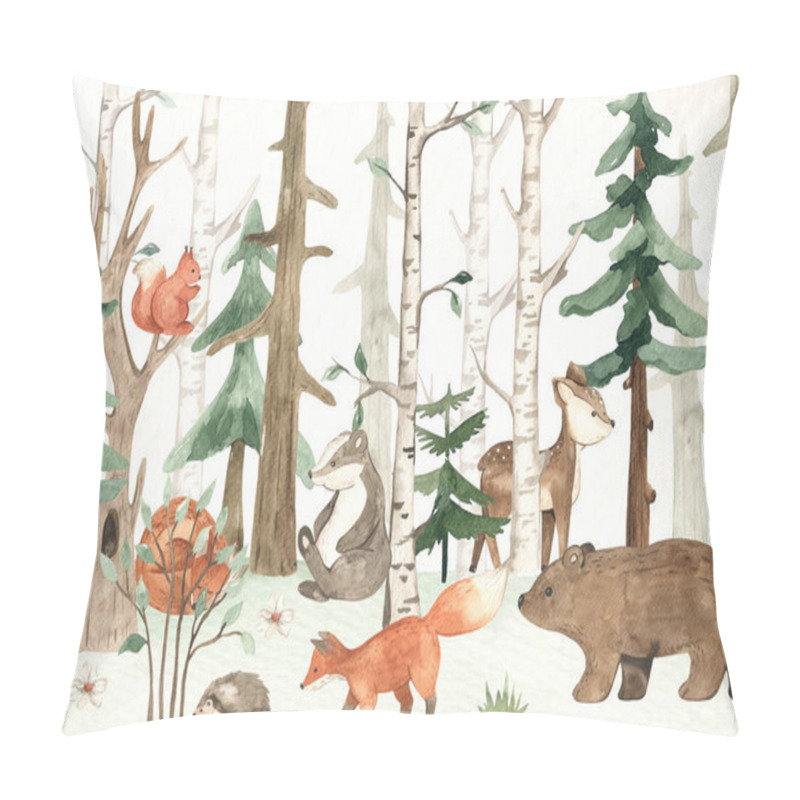 Personality  Cute Forest Animals, Green Plants, Trees, Grass For Baby Cards, Invitations, Baby Showers, Baby Wallpaper Watercolor Composition  Pillow Covers