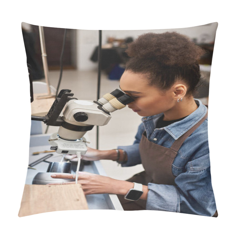 Personality  A Dedicated Artisan Focuses Intently On Inspecting Precious Jewels With A Microscope. Pillow Covers