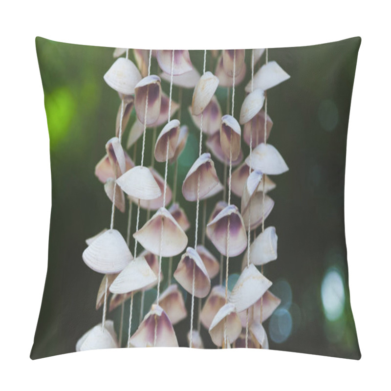 Personality  Close-up Shot Of Beautiful Seashells Hanging On Threads On Dark Background Pillow Covers