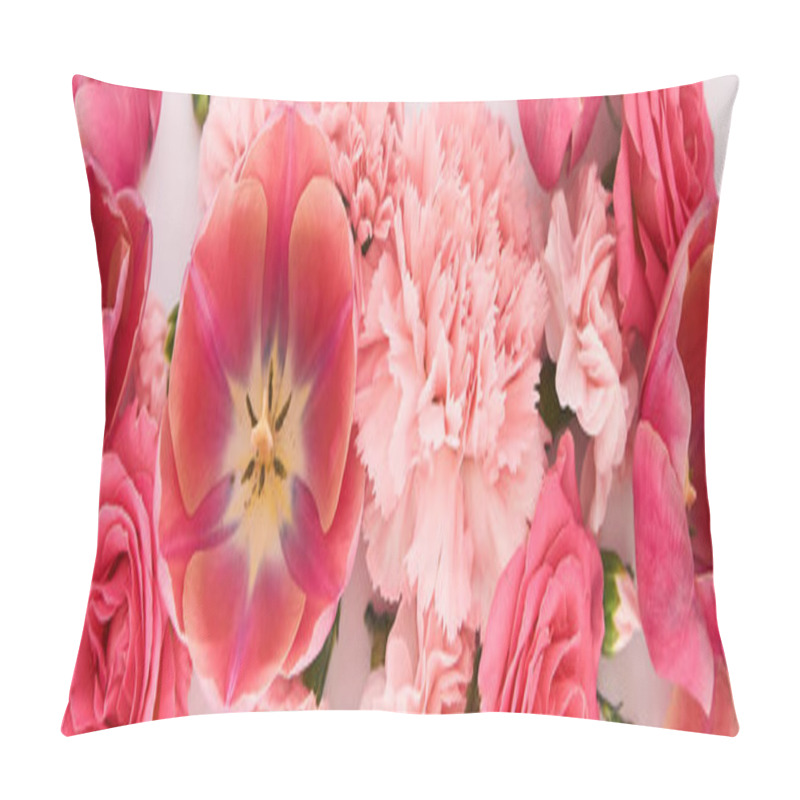 Personality  Top View Of Pink Spring Flowers On White Background, Panoramic Shot Pillow Covers