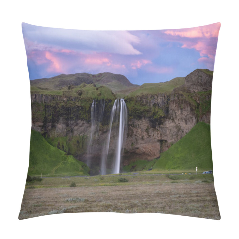 Personality  Aerial View Of Serene Seljalandsfoss Waterfall Cascades Over Lush Greenery, Surrounded By Dramatic Cliffs Under A Breathtakingly Vibrant Sunset Sky In Area Of Golden Circle In Iceland Pillow Covers