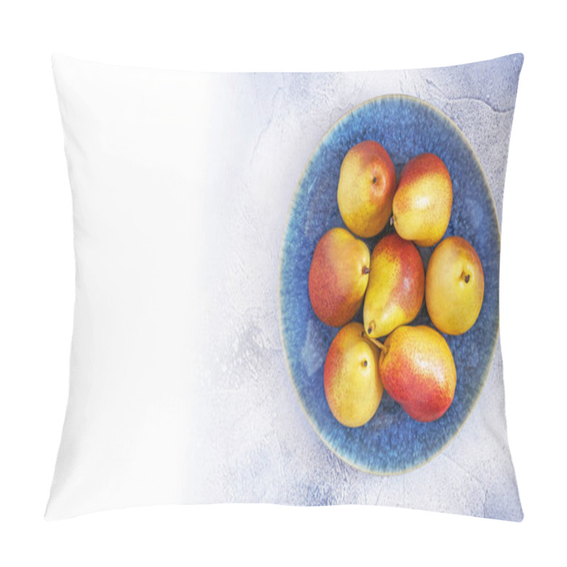 Personality  Sweet Pears On Textural, Beautiful Plate On Blue Background With Copy Space Pillow Covers