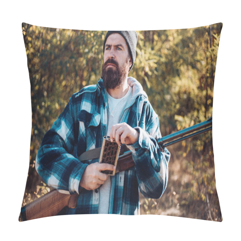 Personality  Hunting In Russia. Hunter With Shotgun Gun On Hunt. Close Up Portrait Of Hamdsome Hunter. Autunm Hunting. Pillow Covers