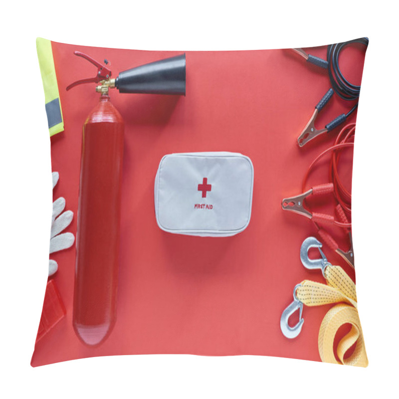 Personality  Flat Lay With Fire Extinguisher, First Aid Kit And Automotive Accessories On Red Background Pillow Covers