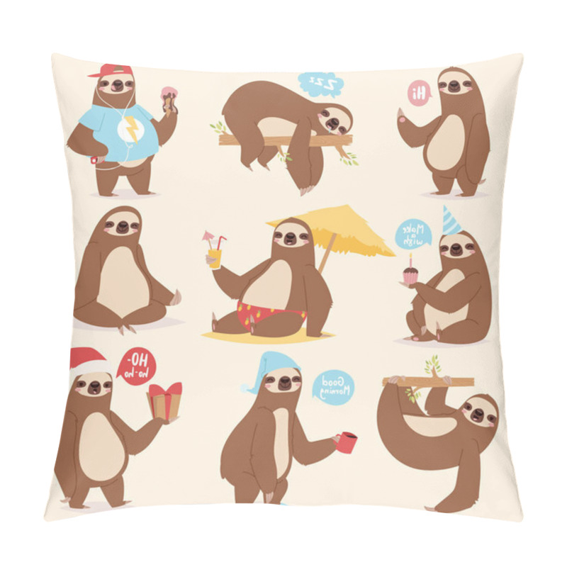 Personality  Laziness Lazy-bones Sluggard Animal Character Different Pose Like Human Cute Lazy Cartoon Jungle Mammal Vector Illustration. Pillow Covers