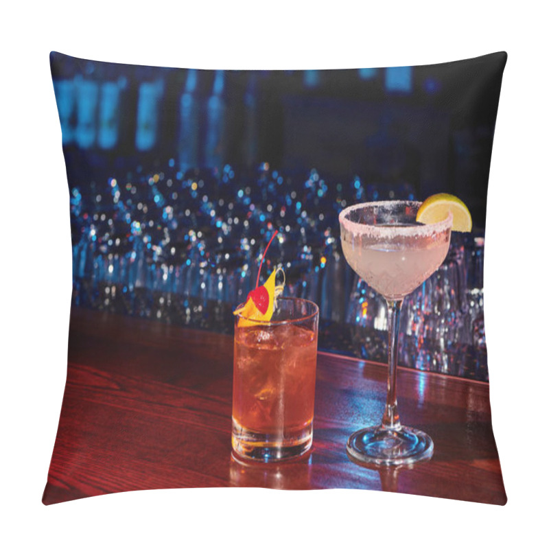 Personality  Sophisticated Alcohol Beverages Garnished With Lime And Cherry With Bar Backdrop, Concept Pillow Covers