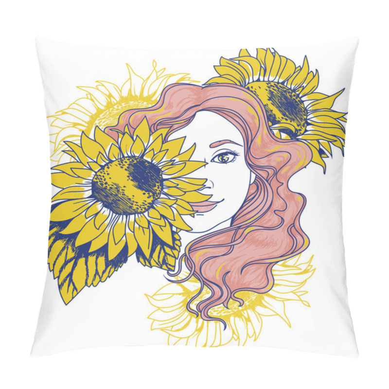 Personality  Pretty Gilr With Long Curly Pink Hair And Sunflowers Pillow Covers