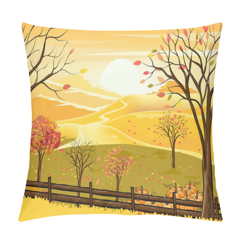 Personality  Vector Illustrationn Of Panorama Autumn Landscape In English Countryside With Forest Trees And Leaves Falling,Panoraic Of Farm Field, Pumkin Under The Tree In Fall Season With Yellow Foliage. Pillow Covers