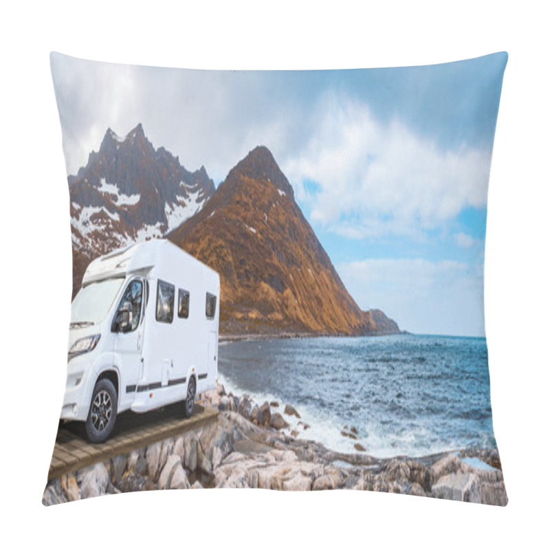 Personality  A Caravan Or Mobile Home In Front Of Fjord On Senja Island In Norway Pillow Covers