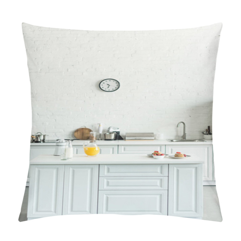 Personality  Interior Of Modern Light Kitchen With Pancakes And Orange Juice On Kitchen Counter Pillow Covers