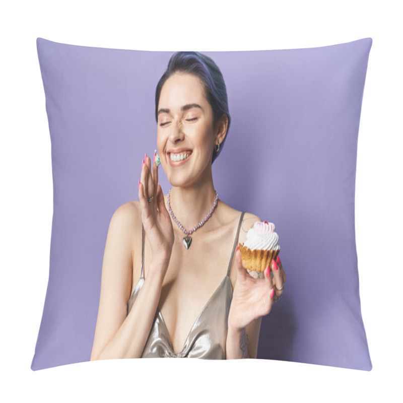 Personality  Young woman with short blue hair in a silver party dress holding a vibrant cupcake, exuding elegance and charm. pillow covers