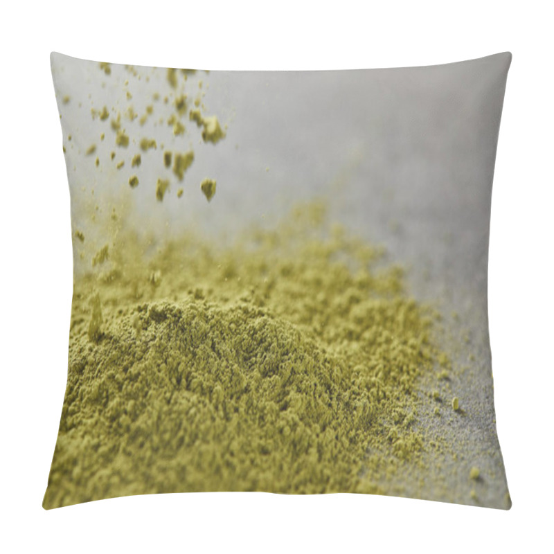 Personality  Selective Focus Of Green Matcha Powder Pouring On Table Pillow Covers