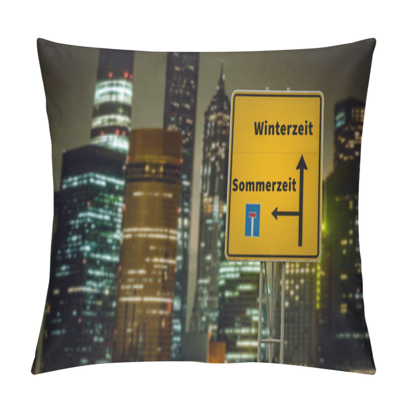 Personality  An Image With A Signpost In German Pointing Towards Winter Time. Pillow Covers