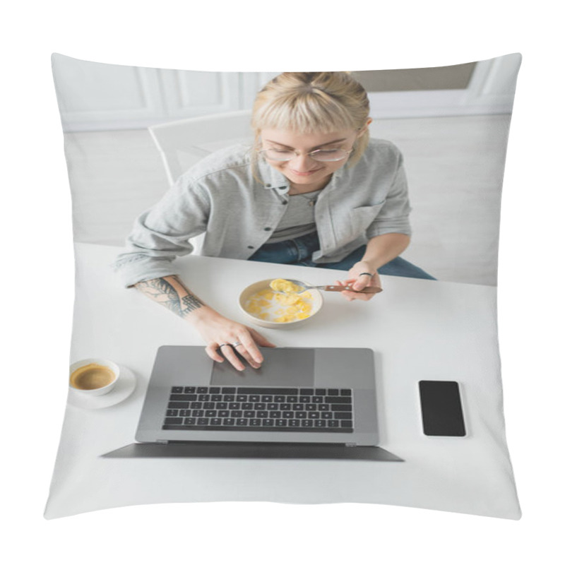 Personality  Top View Of Happy Young Woman With Tattoo On Hand Eating Cornflakes For Breakfast While Using Laptop Near Smartphone With Blank Screen And Cup Of Coffee On Table In Modern Kitchen, Freelancer  Pillow Covers