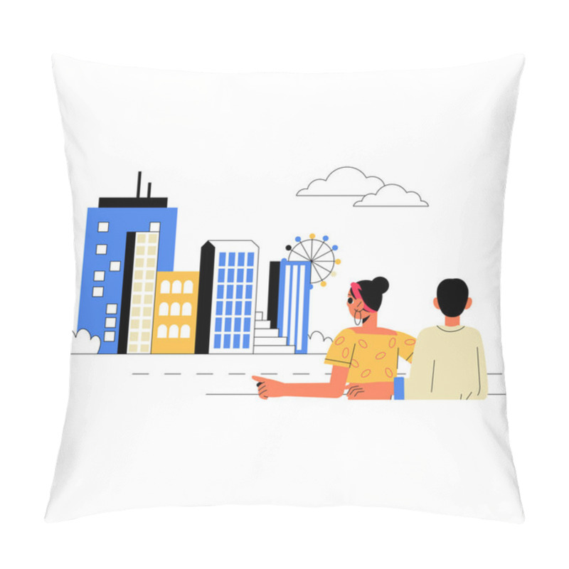 Personality  A Couple Admiring A Vibrant City Skyline With Tall Buildings And A Ferris Wheel, Symbolizing Urban Exploration And Togetherness In A Flat Vector Illustration. Pillow Covers