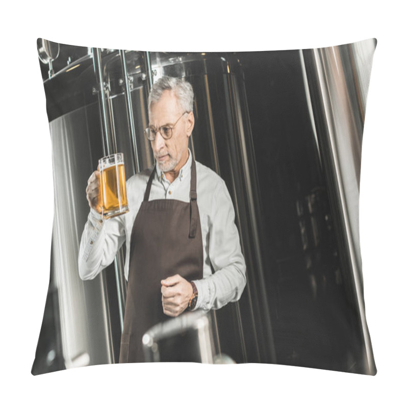 Personality  Senior Brewer Examining Beer In Glass In Brewery Pillow Covers