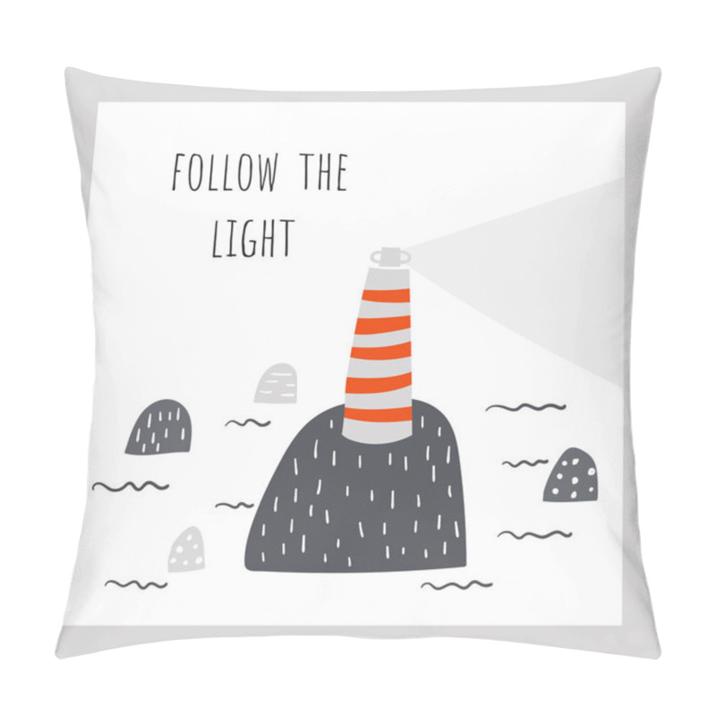 Personality  Lighthouse On The Rock In The Sea. Follow The Light Positive, Motivational Illustration In Flat Doodle Style Pillow Covers