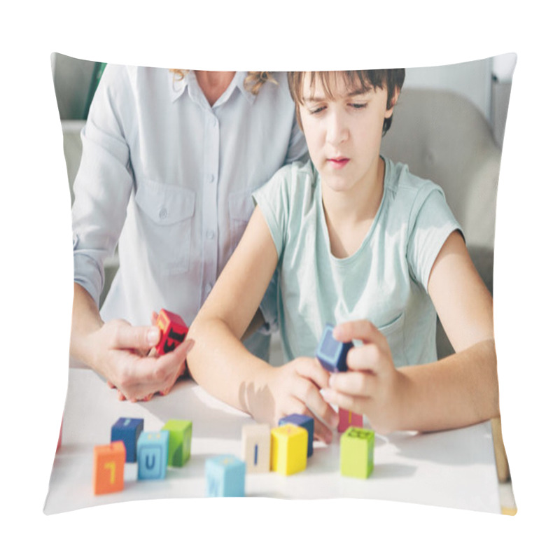 Personality  Cropped View Of Child Psychologist And Kid With Dyslexia Playing With Building Blocks Pillow Covers