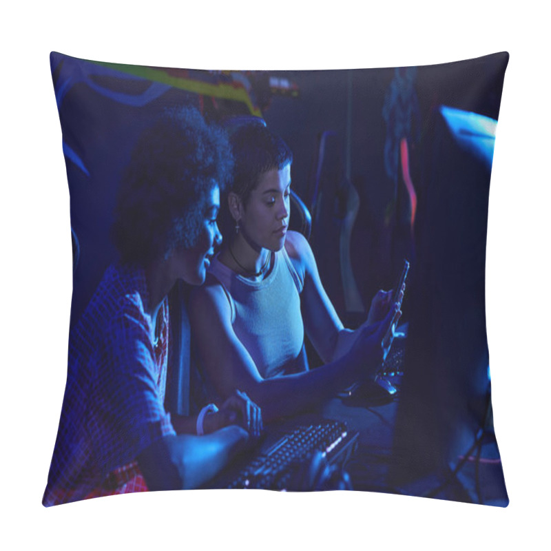 Personality  Two Interracial Women Focused On Gaming In A Neon-lit Room, Cybersport And Gaming Concept Pillow Covers