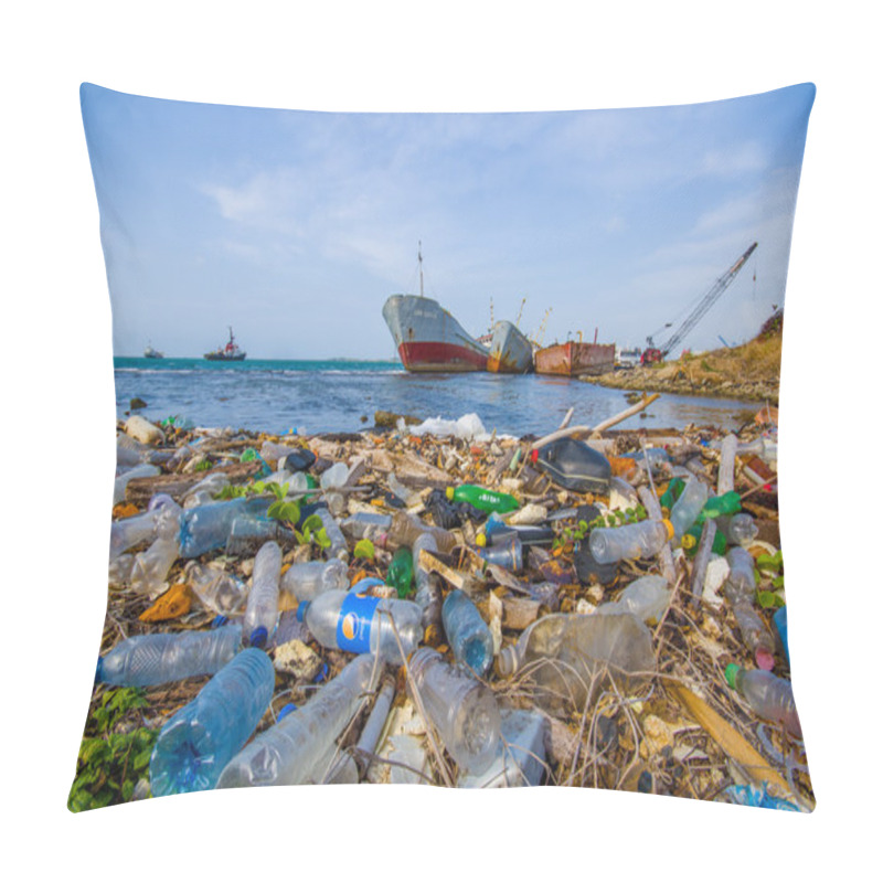 Personality  COLON, PANAMA - APRIL 15, 2015: Enviromental Pollution Washing Ashore Next To The Panama Canal In The Beach Pillow Covers