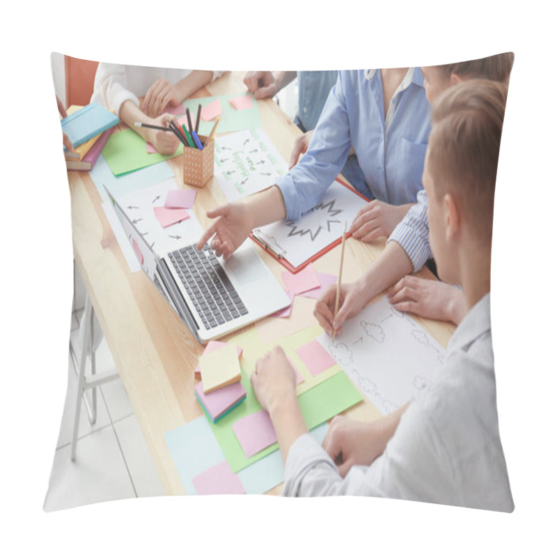 Personality  Young Team Working With Marketing Plan In Office Pillow Covers