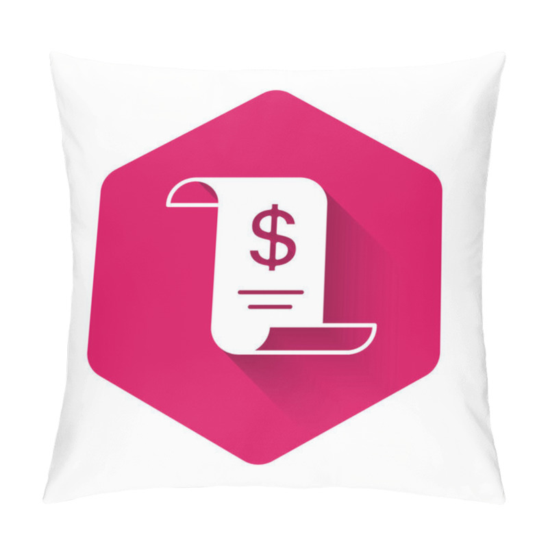 Personality  White Paper Or Financial Check Icon Isolated With Long Shadow Background. Paper Print Check, Shop Receipt Or Bill. Pink Hexagon Button. Vector Pillow Covers