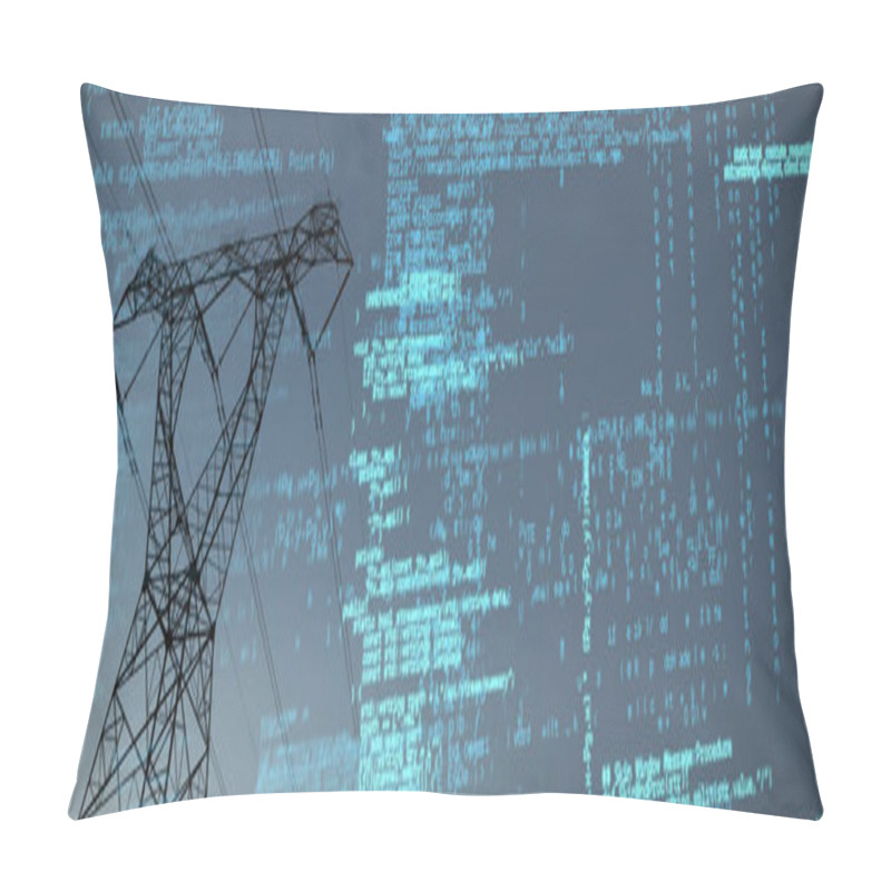 Personality  Composite Image Of Binary Codes Against The Evening Electricity Pylon Silhouette Pillow Covers