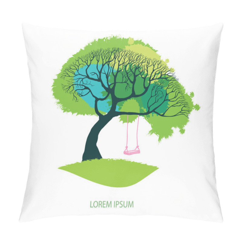 Personality  Spring Meadow - Big Tree With Fresh Green Leaves Vector Illustration. Hand Drawn Tree With Pink Swing On Branch. Card Design With Stylized Tree -  Lawn And Foliage As Grunge Watercolor Blotch. Pillow Covers