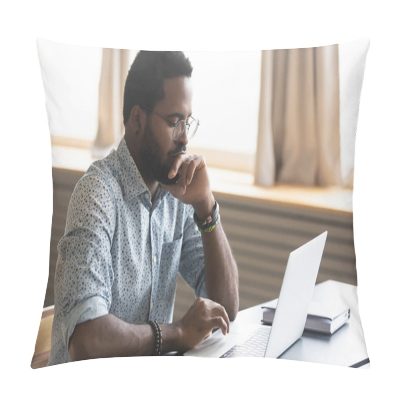 Personality  African Man Looking At Laptop Screen Thinking Over Received Email Pillow Covers