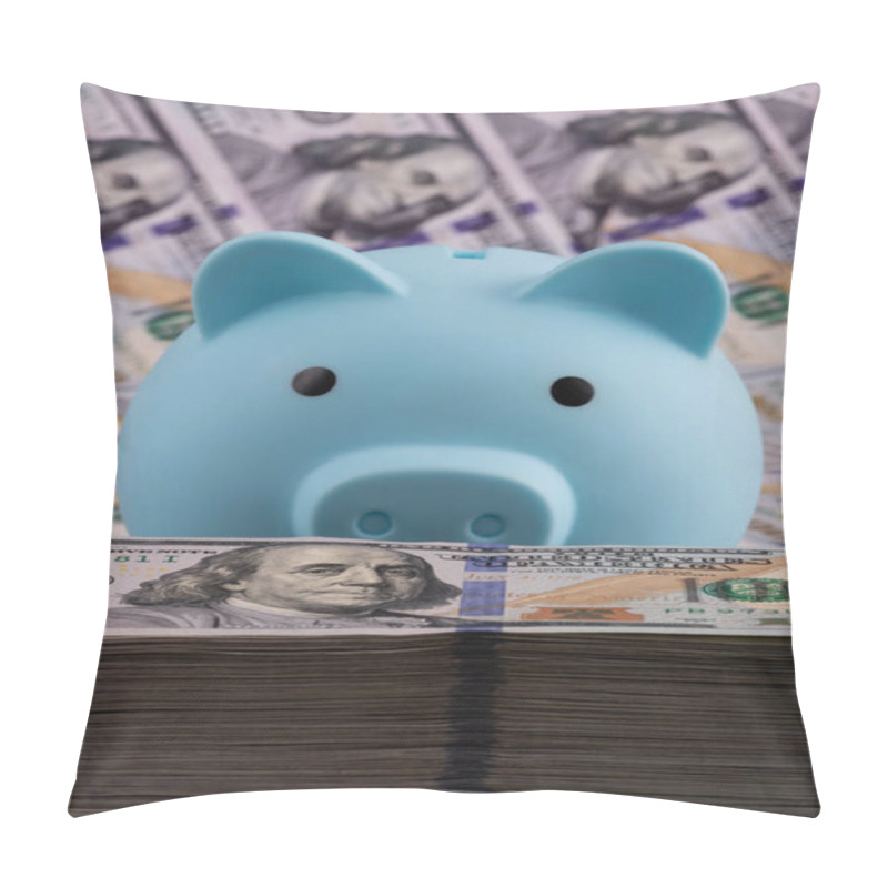 Personality  Blue Piggy Bank And A Large Stack Of 100 American Dollars Bills Pillow Covers