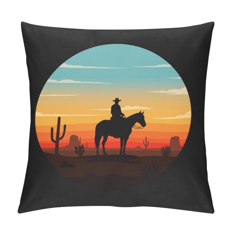 Personality  A Silhouetted Cowboy Rides A Horse Across A Desert Landscape At Sunset, Creating A Peaceful Western Scene. Pillow Covers