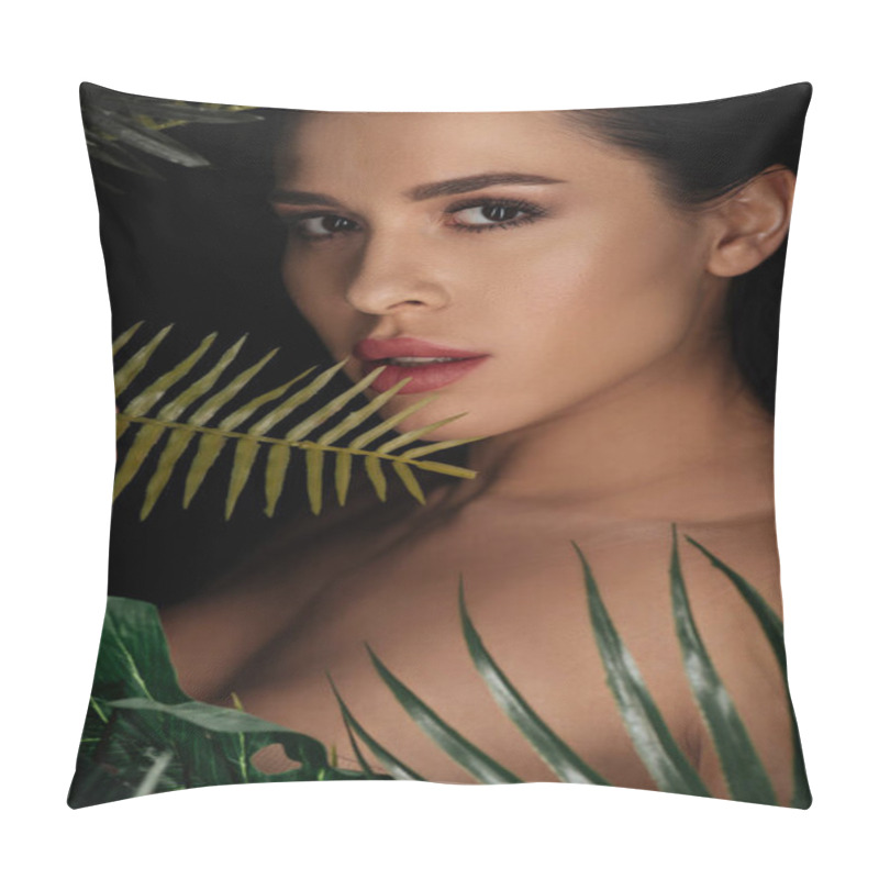 Personality  Portrait Of Beautiful Girl Looking At Camera Across Green Leaves Isolated On Black Pillow Covers