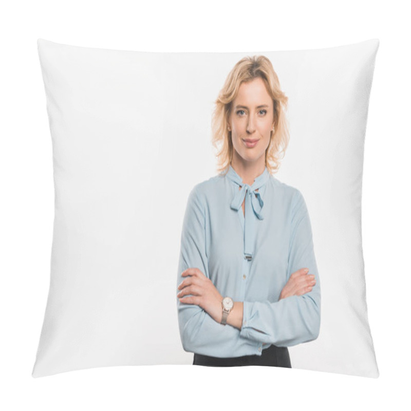 Personality  Beautiful Confident Businesswoman Standing With Crossed Arms And Smiling At Camera Isolated On White Pillow Covers