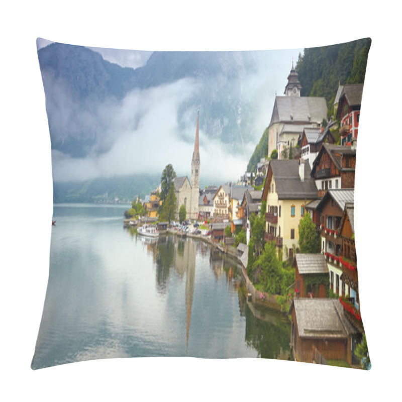 Personality  Panorama Of Hallstatt Mountain Village. Foggy Morning Pillow Covers