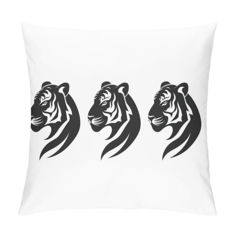 Personality  Three Sleek Tiger Heads In Dynamic Profile View, Showcasing Elegance And Strength Through Bold Black Lines. Pillow Covers