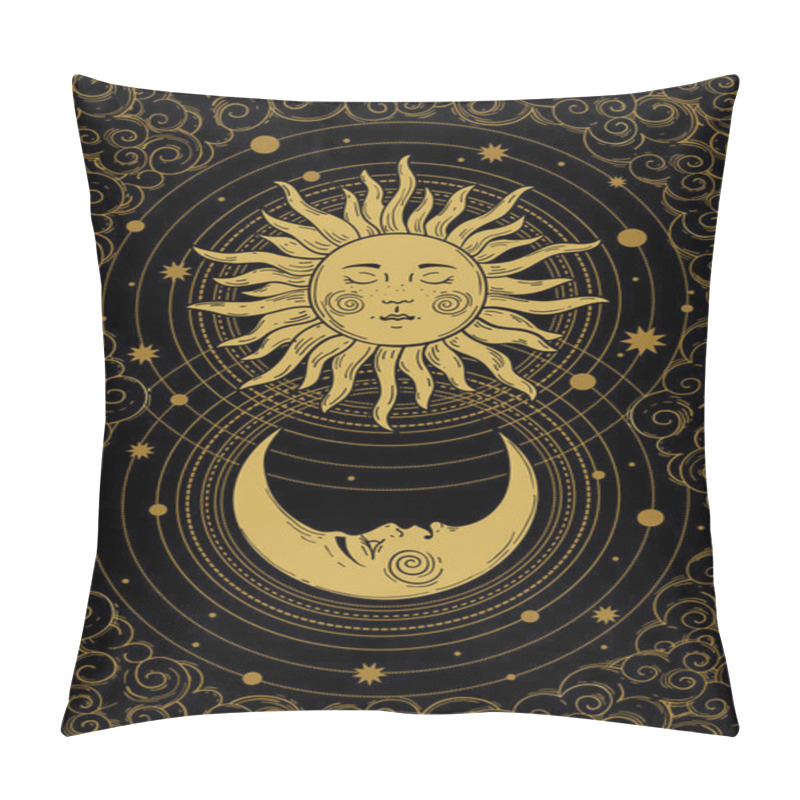 Personality  Celestial Golden Crescent Moon Pattern With Face, Sun And Clouds On A Black Background. Boho Design Elements For Tarot, Astrology, Tattoo, Cover. Vector Illustration Pillow Covers