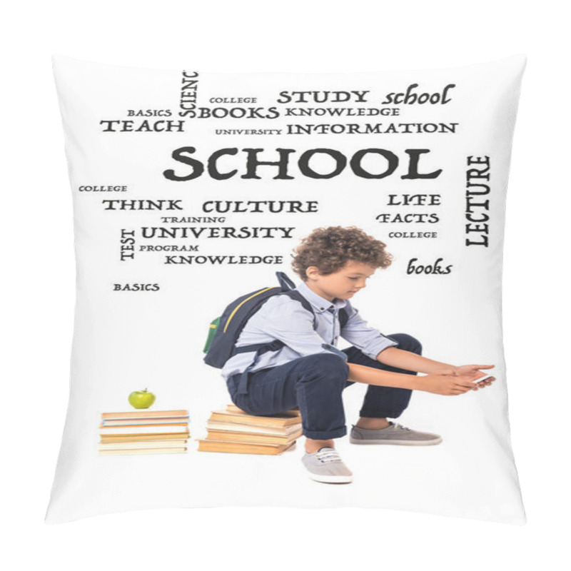 Personality  Curly Schoolboy With Backpack Sitting On Books Near Apple And Lettering While Using Smartphone On White  Pillow Covers