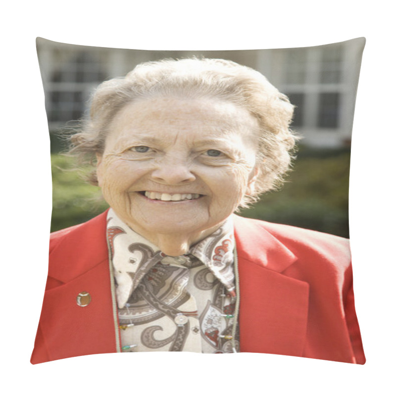 Personality  Elderly Woman In Red Coat Outdoors Smiling Pillow Covers