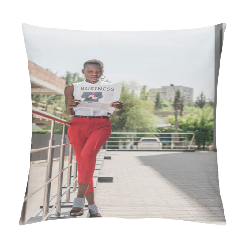 Personality  Stylish Attractive African American Businesswoman Reading Business Newspaper On Street Pillow Covers