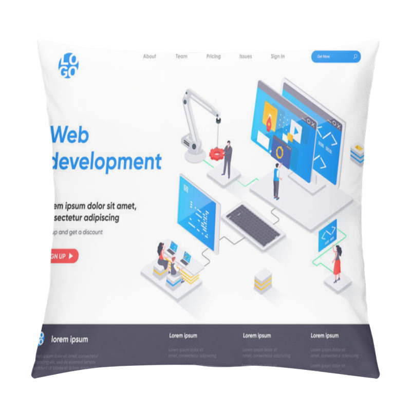 Personality  Web Development Isometric Landing Page. Full Stack Development, Software Engineering, Design And Programming Isometry Web Page. Website Flat Template, Vector Illustration With People Characters. Pillow Covers