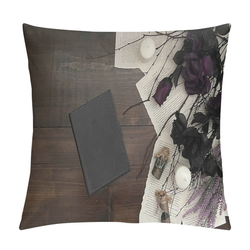 Personality  Dark And Witchy Gothic Wood Background With Black Flowers And Journal Pillow Covers