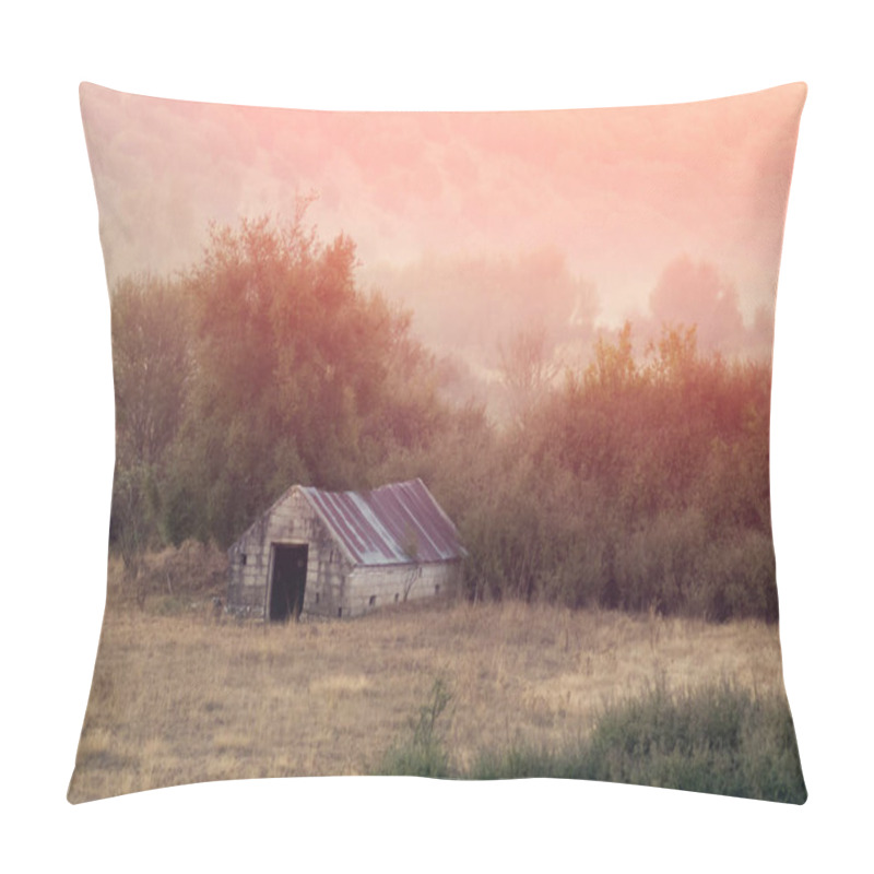 Personality  Hut In Greece In The Morning Mist Against The Backdrop Of The Mountains. Landscape Of A Greece Village In The Morning Haze Pillow Covers