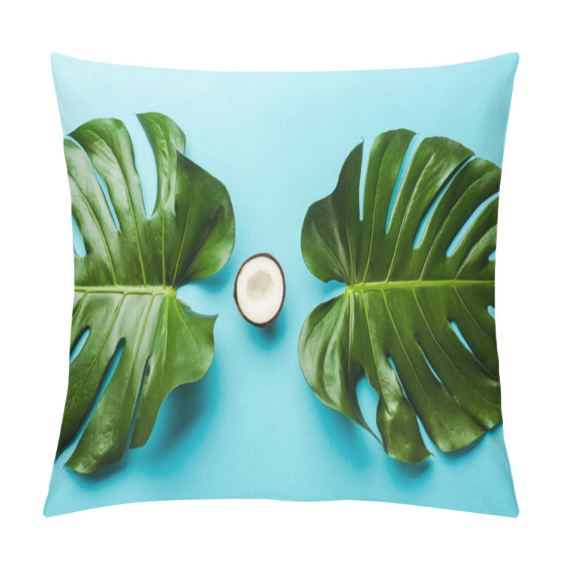 Personality  Top View Of Green Palm Leaves And Coconut Half On Blue Background Pillow Covers