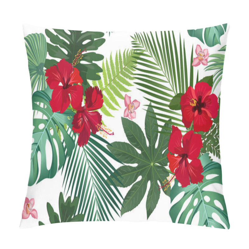 Personality  Seamless Vector Pattern Tropical Leaves With Red Hibiscus Flower And Pink Orchid On White Background Pillow Covers