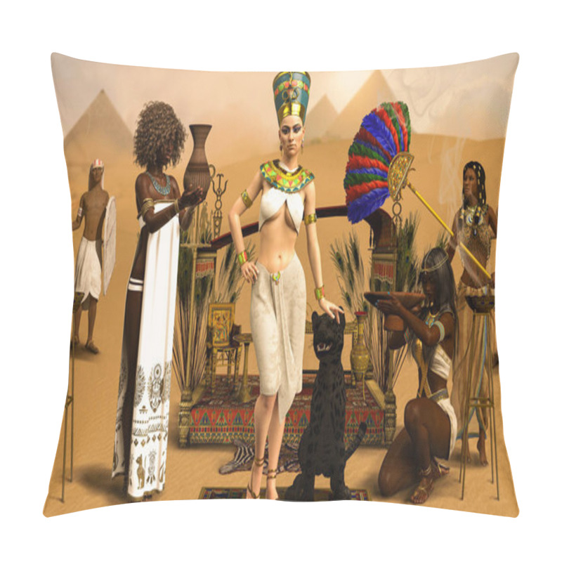 Personality  Royal Egyptian Pharaoh Cleopatra With Servants In Traditional Costumes, 3d Render. Pillow Covers