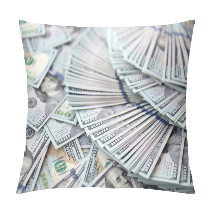 Personality  Very Big Amount Of US Hundred Dollar Bills Close Up. Huge Quantity Of United States Currency Notes On Flat Table Pillow Covers