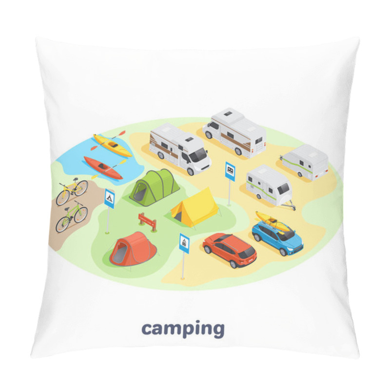 Personality  Isometric Vector Image On A White Background, Set Of Elements On The Theme Of Camping And Transport For Tourism, Cars And Bicycles Pillow Covers