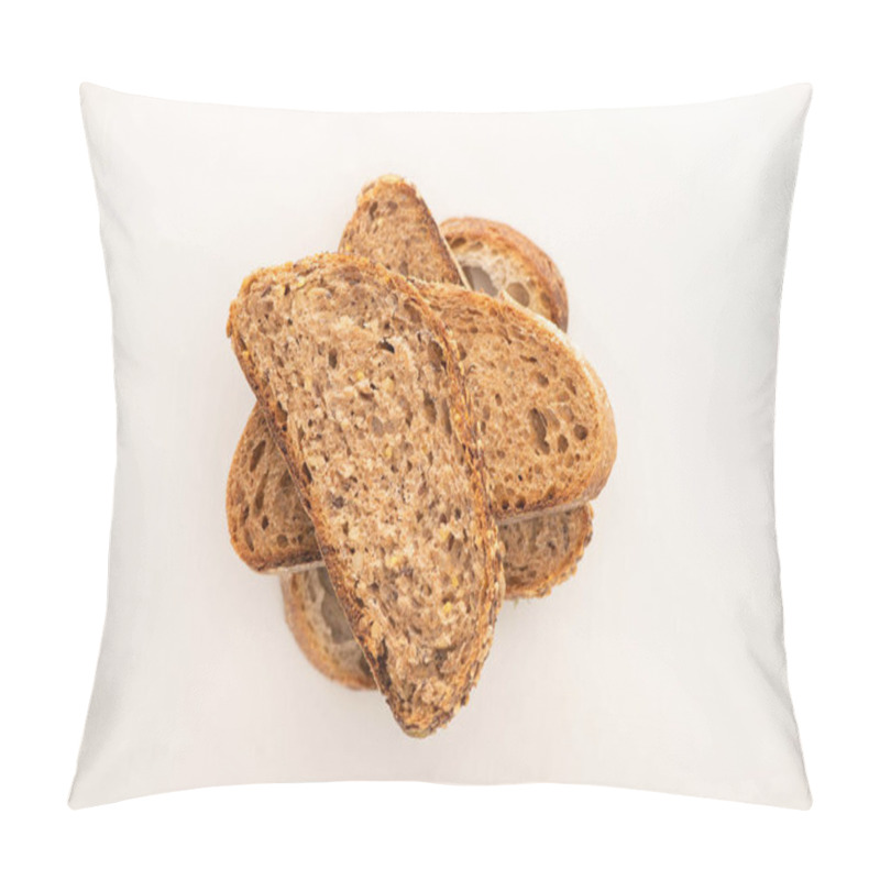 Personality  Top View Of Fresh Whole Grain Bread Slices In Stack On White Background Pillow Covers